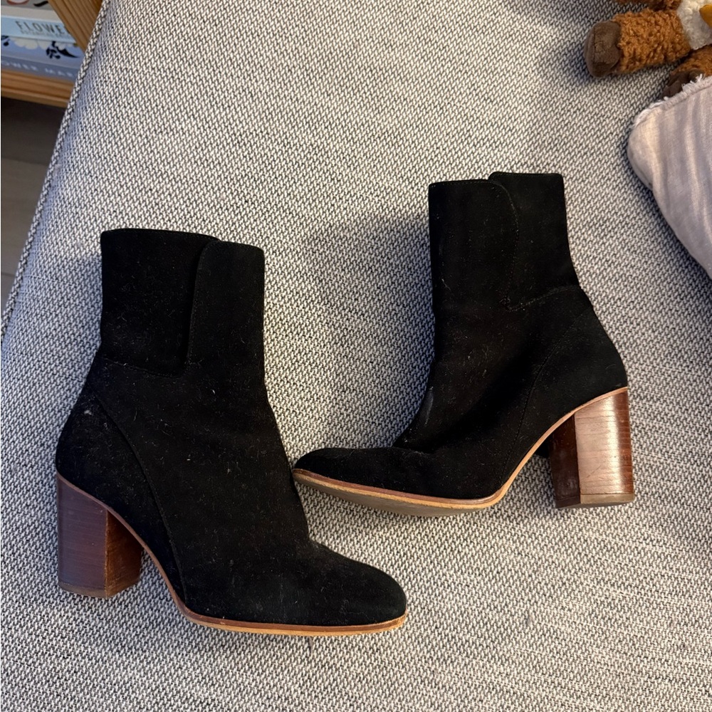 Free People Black Suede Ankle Boots with Brown Stacked Heel